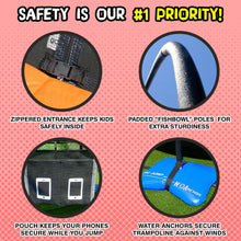 Load image into Gallery viewer, Sportspower TruJump PRO MULTIPLAY Trampoline with Curved Pole Enclosure - Dunk Zone Basketball Hoop System, Safety Enclosure Net, Electron Shooter, Water Anchors, Flash Litezone and Phone Pouch