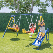 Load image into Gallery viewer, Sportspower Starlight Metal Swing Set with LED Swings, Saucer Swing, 5ft Slide and Bonus 4pc Anchor Kit