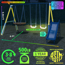 Load image into Gallery viewer, Sportspower Starlight Metal Swing Set with LED Swings, Saucer Swing, 5ft Slide and Bonus 4pc Anchor Kit