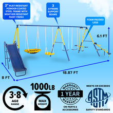 Load image into Gallery viewer, Sportspower Super 10 Metal Swing Set with Saucer Swing, Standing Swing, Teeter-Totter and Heavy Duty 6.5ft Slide