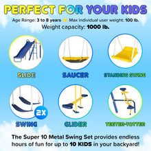 Load image into Gallery viewer, Sportspower Super 10 Metal Swing Set with Saucer Swing, Standing Swing, Teeter-Totter and Heavy Duty 6.5ft Slide