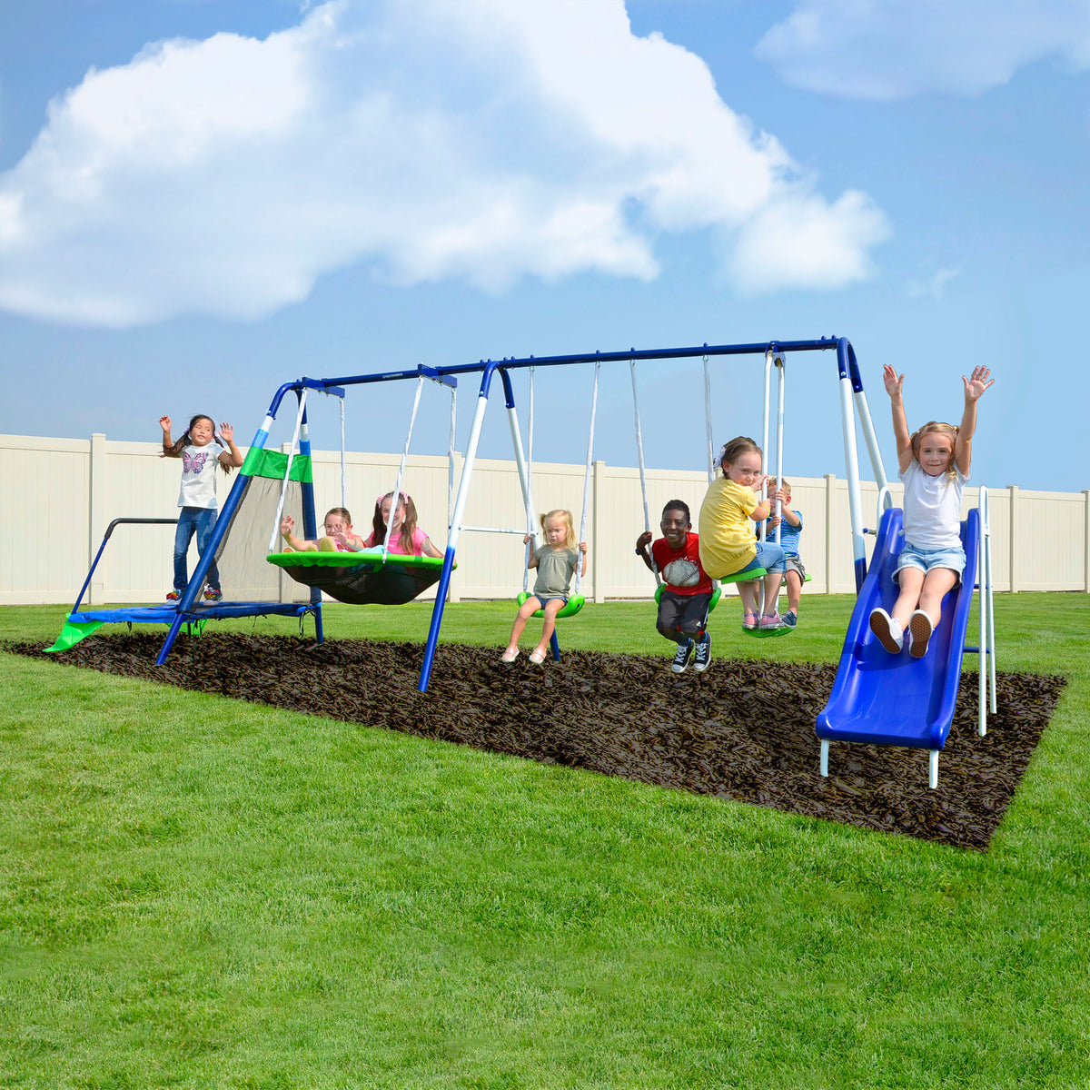 Metal swing hot sale set with trampoline