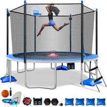 Load image into Gallery viewer, Sportspower TruJump MULTIPLAY Heavy Duty Outdoor Trampoline with Dunk Zone Basketball Hoop system, Safety Enclosure Net, Electron Shooter, Water Anchor, Flashlite Zone and Phone Pouch