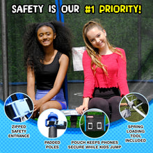 Load image into Gallery viewer, Sportspower TruJump MULTIPLAY Heavy Duty Outdoor Trampoline with Dunk Zone Basketball Hoop system, Safety Enclosure Net, Electron Shooter, Water Anchor, Flashlite Zone and Phone Pouch