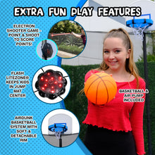 Load image into Gallery viewer, Sportspower TruJump MULTIPLAY Heavy Duty Outdoor Trampoline with Dunk Zone Basketball Hoop system, Safety Enclosure Net, Electron Shooter, Water Anchor, Flashlite Zone and Phone Pouch