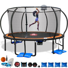 Load image into Gallery viewer, Sportspower TruJump PRO MULTIPLAY Trampoline with Curved Pole Enclosure - Dunk Zone Basketball Hoop System, Safety Enclosure Net, Electron Shooter, Water Anchors, Flash Litezone and Phone Pouch