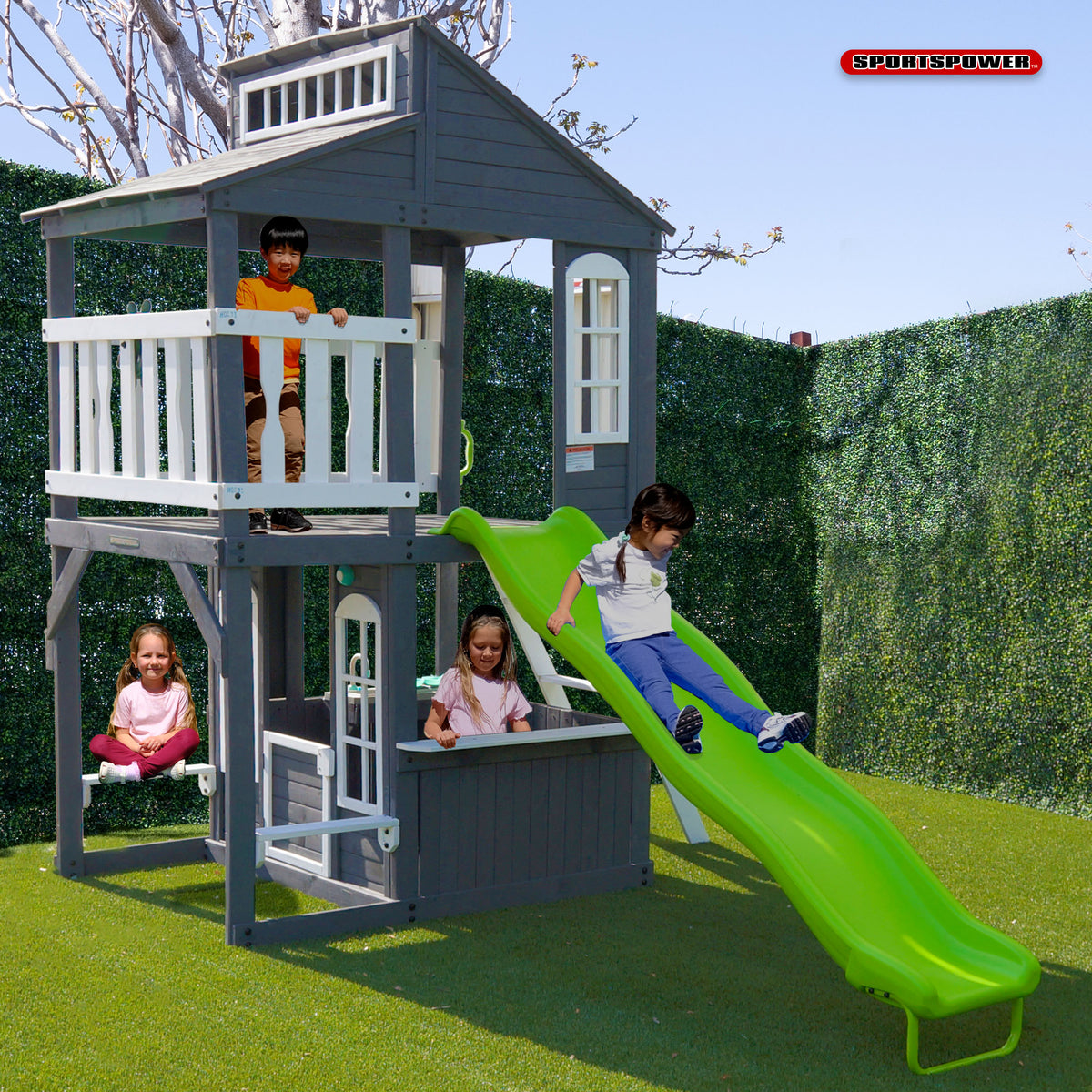 Blakely Wooden 2-Story Playhouse with Slide – SportsPowerSwingSets