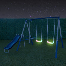 Load image into Gallery viewer, Sportspower Super Lights Metal Swing Set with LED Swing Seats, 2 Person Glider and 5ft Slide
