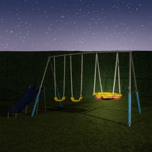 Load image into Gallery viewer, Sportspower Comet Metal Swing Set with LED Light Up Saucer Swing, 2 Swings and 5ft Slide