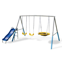 Load image into Gallery viewer, Sportspower Comet Metal Swing Set with LED Light Up Saucer Swing, 2 Swings and 5ft Slide