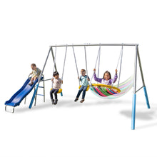 Load image into Gallery viewer, Sportspower Comet Metal Swing Set with LED Light Up Saucer Swing, 2 Swings and 5ft Slide