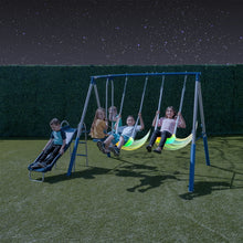 Load image into Gallery viewer, Sportspower Super Lights Metal Swing Set with LED Swing Seats, 2 Person Glider and 5ft Slide