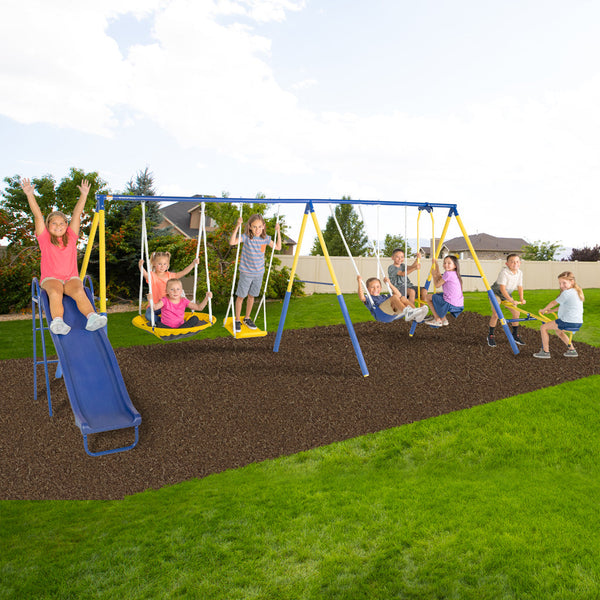 Sportspower Super 10 Metal Swing Set with Saucer Swing, Standing Swing, Teeter-Totter and Heavy Duty 6.5ft Slide - Top 8 Questions About the Metal Swing Set with the Most Play Stations