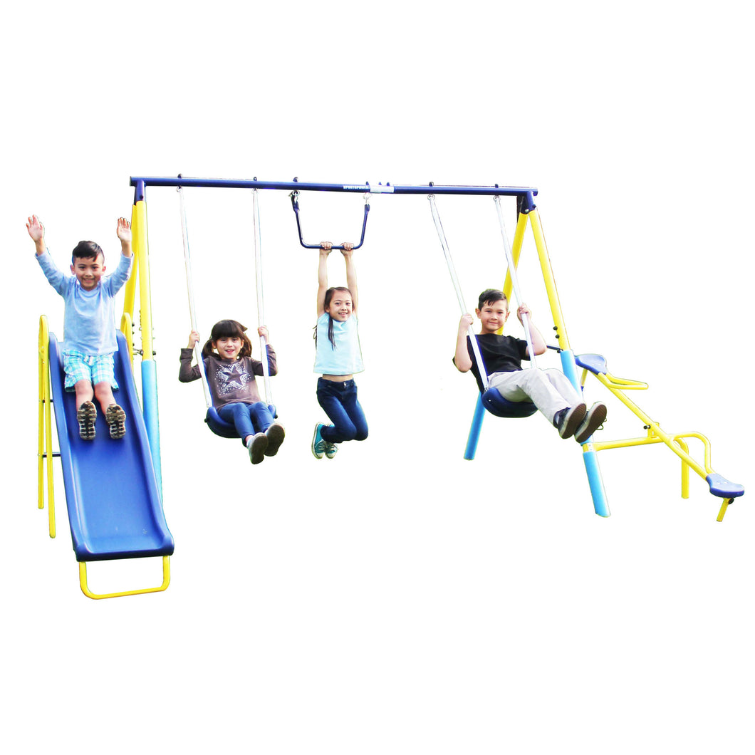 Sportspower Outdoor Super First Metal Swing Set with Trapeze, Teeter-Totter, and 6ft Heavy Duty Slide