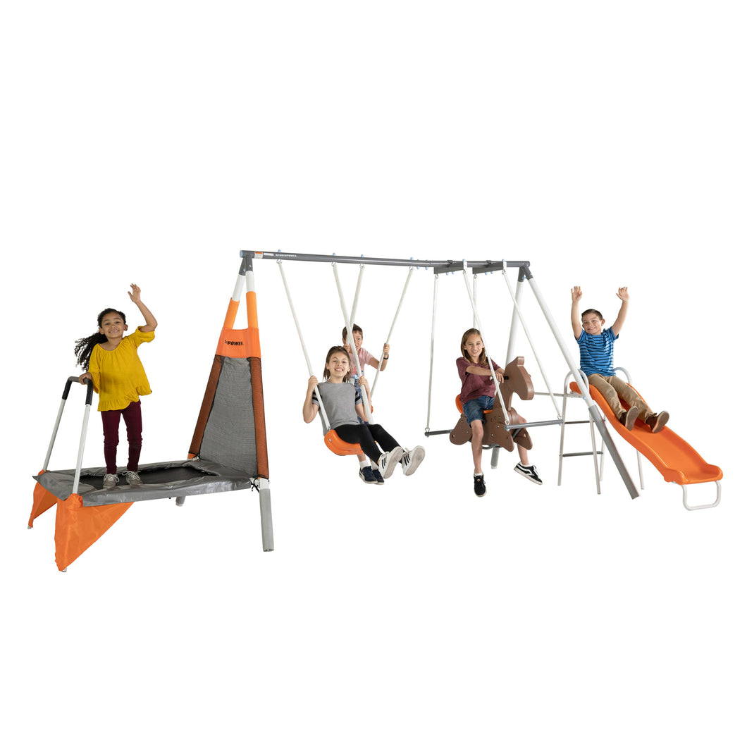 Sportspower Fairview Swing Set with 2 Swings, Rocking Horse, Mini Trampoline, and Heavy Duty Slide