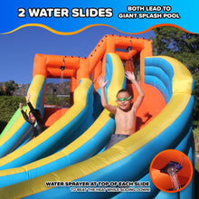 Load image into Gallery viewer, Sportspower Twin Peaks Splash &amp; Slide Inflatable Water Slide with Dual Cannons &amp; Climbing Wall
