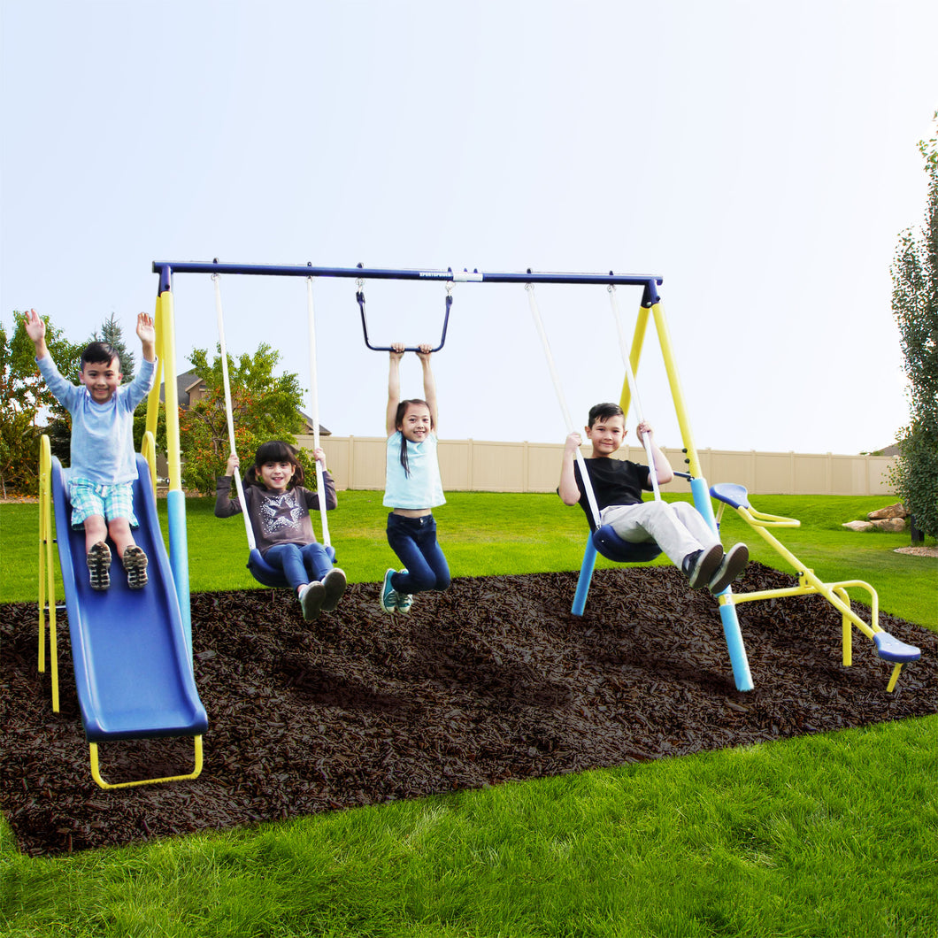 Sportspower Outdoor Super First Metal Swing Set with Trapeze, Teeter-Totter, and 6ft Heavy Duty Slide