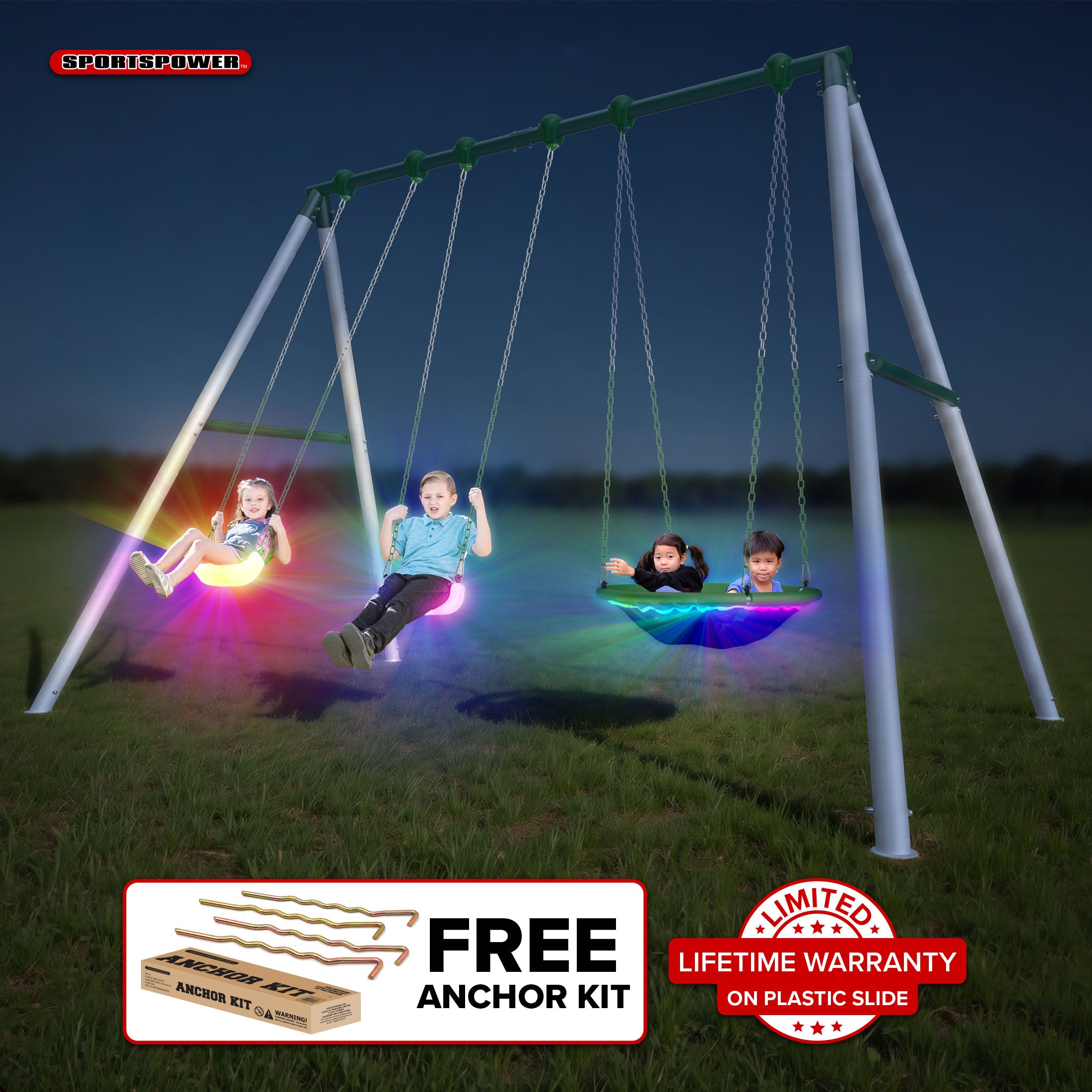 Sportspower Matterhorn 9.5ft Heavy-Duty Metal Swing Set with LED