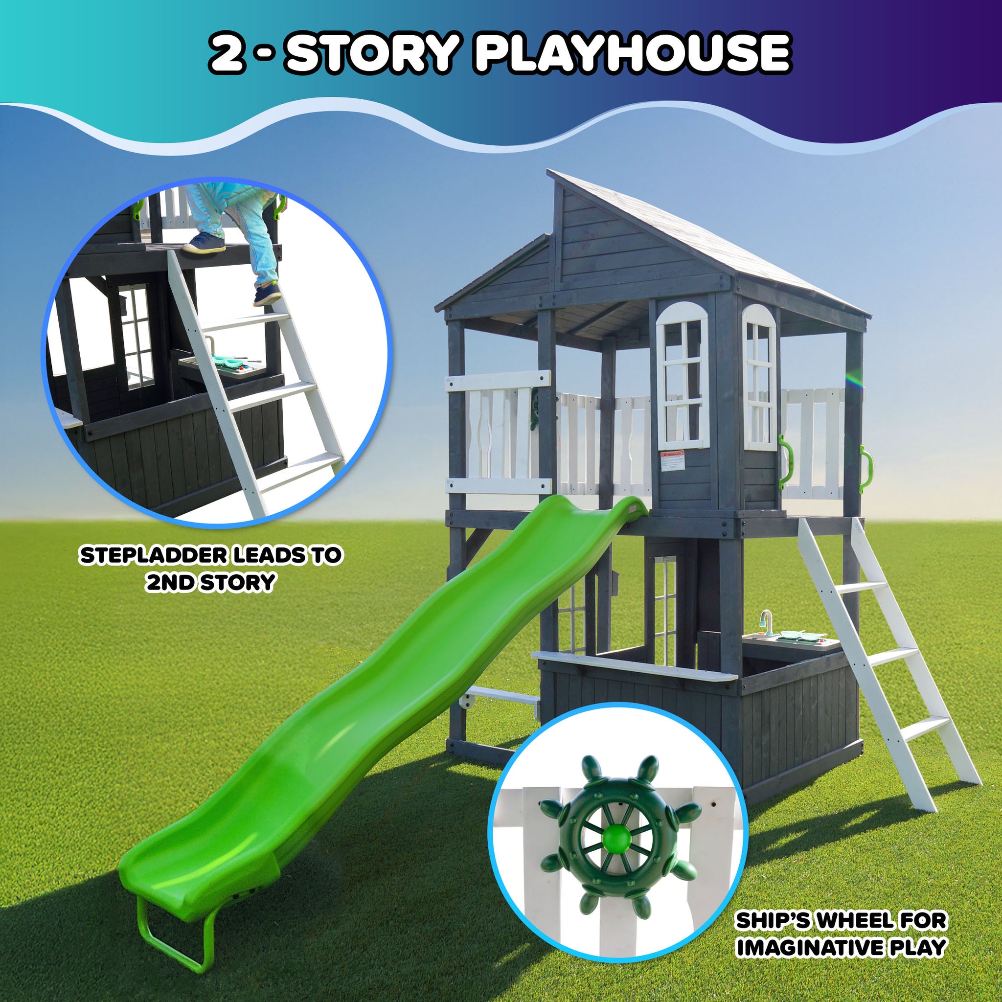 Blakely Wooden 2-Story Playhouse with Slide – SportsPowerSwingSets