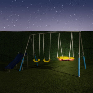Sportspower Comet Metal Swing Set with LED Light Up Saucer Swing, 2 Swings and 5ft Slide