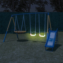 Load image into Gallery viewer, Starlight Metal Swing Set with LED Swings, Saucer Swing, 5ft Slide and Bonus 4pc Anchor Kit
