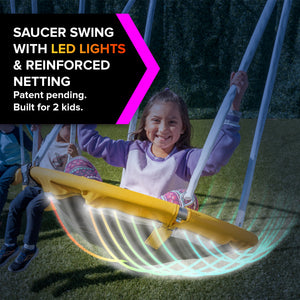 Sportspower Comet Metal Swing Set with LED Light Up Saucer Swing, 2 Swings and 5ft Slide