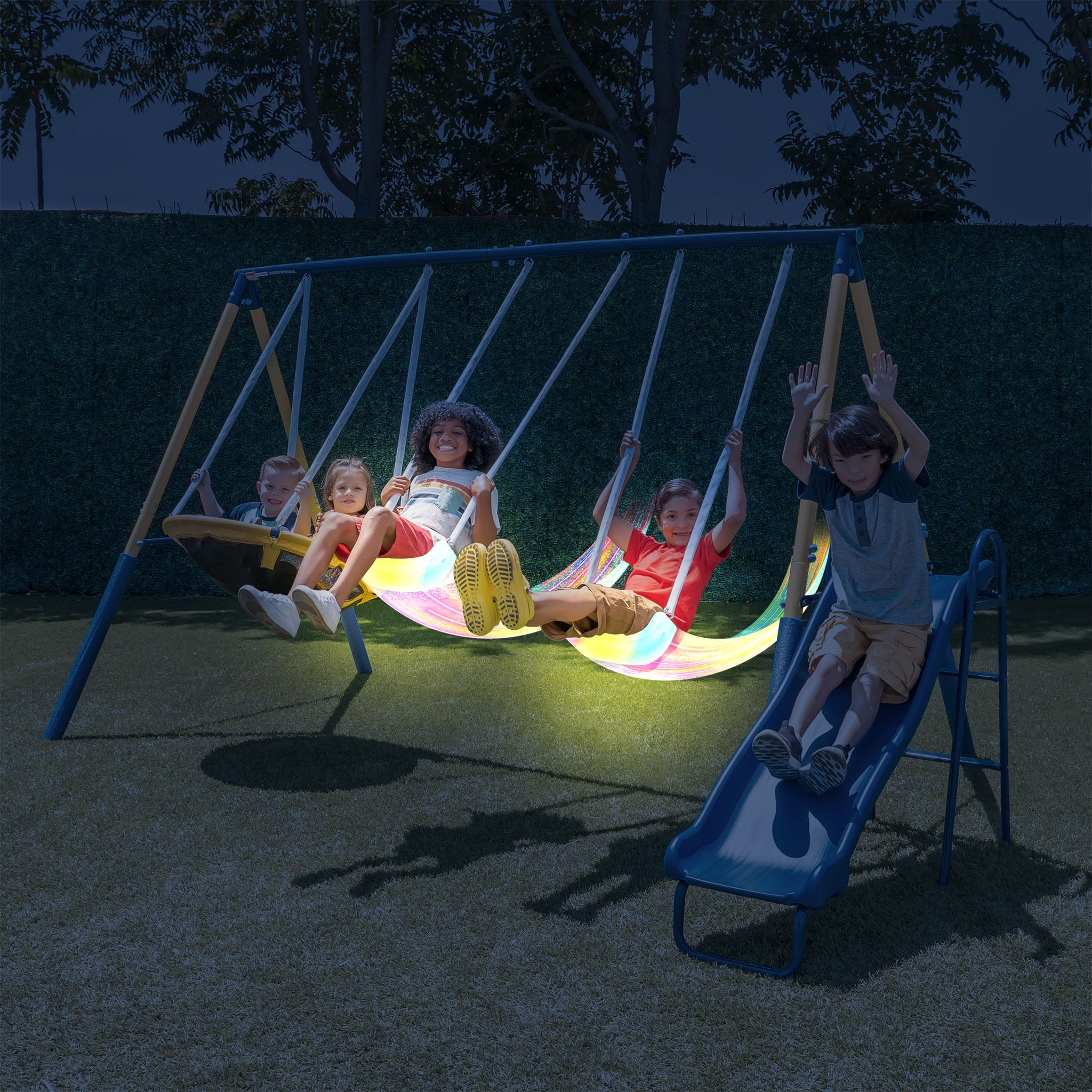 Starlight Metal Swing Set with LED Swings, Saucer Swing, 5ft Slide and –  SportsPowerSwingSets