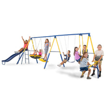 Load image into Gallery viewer, Sportspower Super 10 Metal Swing Set with Saucer Swing, Standing Swing, Teeter-Totter and Heavy Duty 6.5ft Slide
