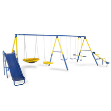 Load image into Gallery viewer, Sportspower Super 10 Metal Swing Set with Saucer Swing, Standing Swing, Teeter-Totter and Heavy Duty 6.5ft Slide
