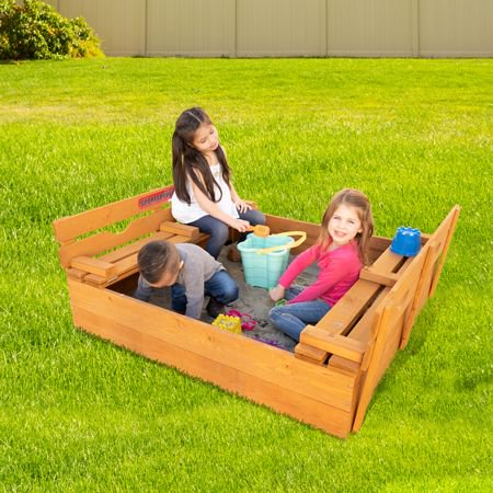 Sportspower Rectangular Sandbox with 2 Wooden Bench and Ground